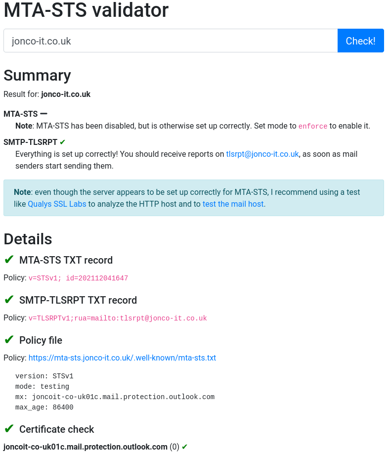 Screenshot showing the MTA-STS validator results for jonco-it.co.uk.  Correctly configured items have a green tick next to them.