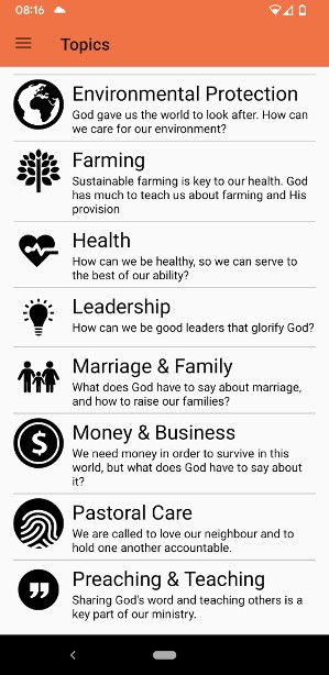 Screenshot showing a list of topics in an app.  Each topic is accompanied by an icon, for example a globe for the topic "environmental protection".