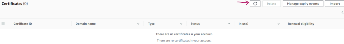 Empty list of certificates.  The refresh button is indicated by a red arrow.