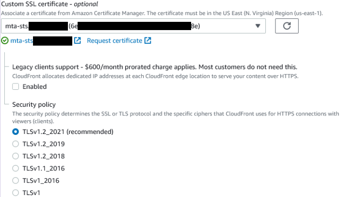 Settings for the custom SSL certificate, as described above.