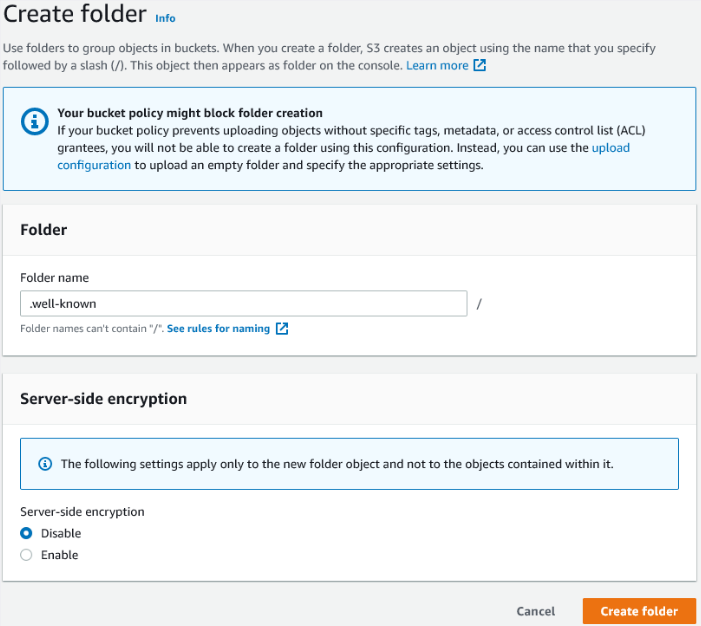 Form showing the folder name and encryption configuration options for the new folder.