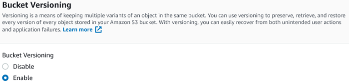 Form with two radio buttons - one for disable and the other for enable.  The form is titled "bucket versioning".