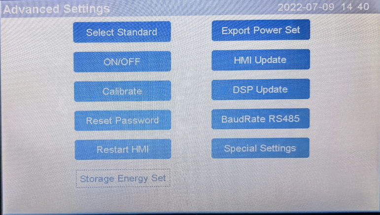 The advanced settings menu.  Two columns of blue rectangular buttons.