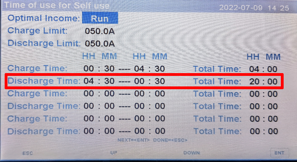 Table showing a higlighted line for "discharge time" of 04:30 to 00:30.  Other schedule elements are also shown.