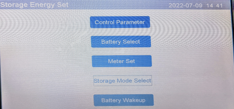 The "Storage Energy Set" menu, four blue rectangle buttons plus "Storage Mode Select" which is a white button.