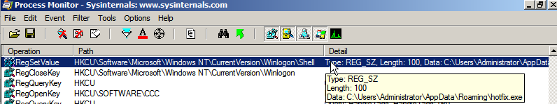 A row in the Procmon diagnostic tool that says "RegSetValue" and provides a path to the malware.