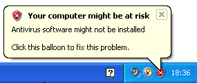 Speech bubble warning message that "your computer might be at risk, antivirus software might not be installed".