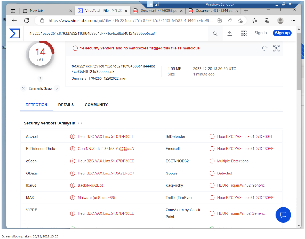 Screenshot of Virus Total as described in the paragraph above.