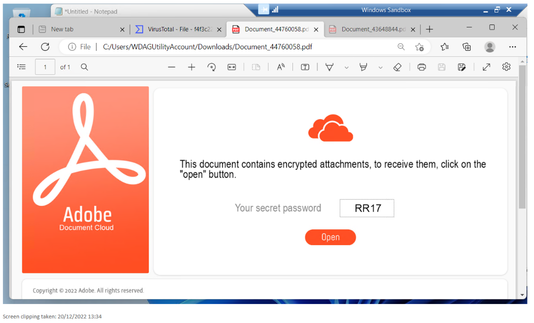 A document claiming to be from "Adobe document cloud" asking a user to click a button to receive encrypted attachments.  There's also a "secret password" provided.