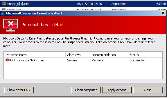 Microsoft Security Essentials warning that some malware had been detected.  The dialog advises of "potential threat details" for an unknown Win32/Trojan.