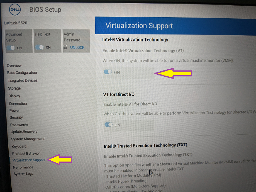 Photograph showing the options described in the text above in Dell UEFI.