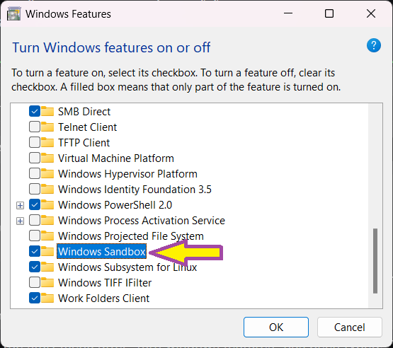 Screenshot showing a list of Windows features.  The option for Windows Sandbox is highlighted and ticked.  The post author has added an arrow to draw attention to the option.