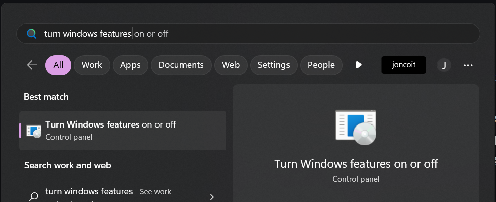 Screenshot showing the start menu after "turn windows features" has been typed.  The top option is what we want as described in the text.