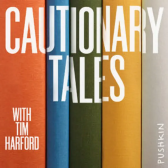"Cautionary Tales" logo, with the title printed across the spines of a selection of books standing upright.