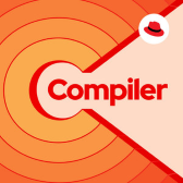 "Compiler" podcast logo, with the word "compiler" in the centre, written in red.  To its left are concentric letter "C" in a gradients of orange.