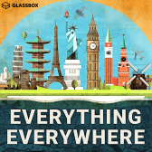 "Everything Everywhere Daily" podcast logo showing a collection of famous landmarks next to each other, including the leaning tower of Piza, Eifel tower, statue of liberty, "Big Ben", and a windmill.