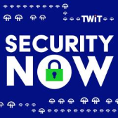 Security Now's current logo - a dark blue background with the TWiT logo trailing around the words "Security Now".  In the centre of the "O" is a green padlock.