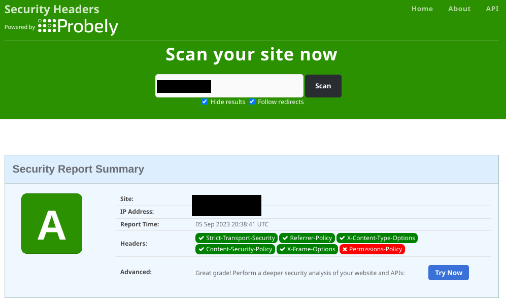 Screenshot of SecurityHeaders.io showing an "A" grade for a website.  A list of headers are shown as being present, in green, with "permissions-policy" in red because there is no header specified for it.