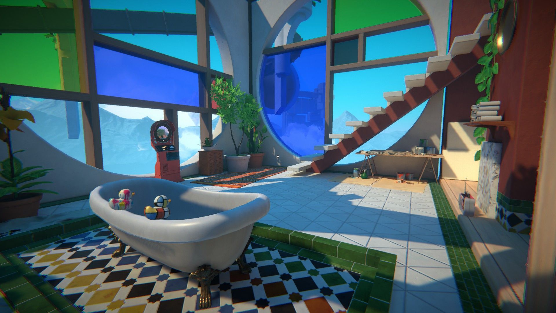 Screenshot of an early part of the game.  This staging area is very colourful, with green and blue circular stained glass windows, green tiles around a floor standing bath.  There are two white and coloured rubber ducks on the edge of the bath.