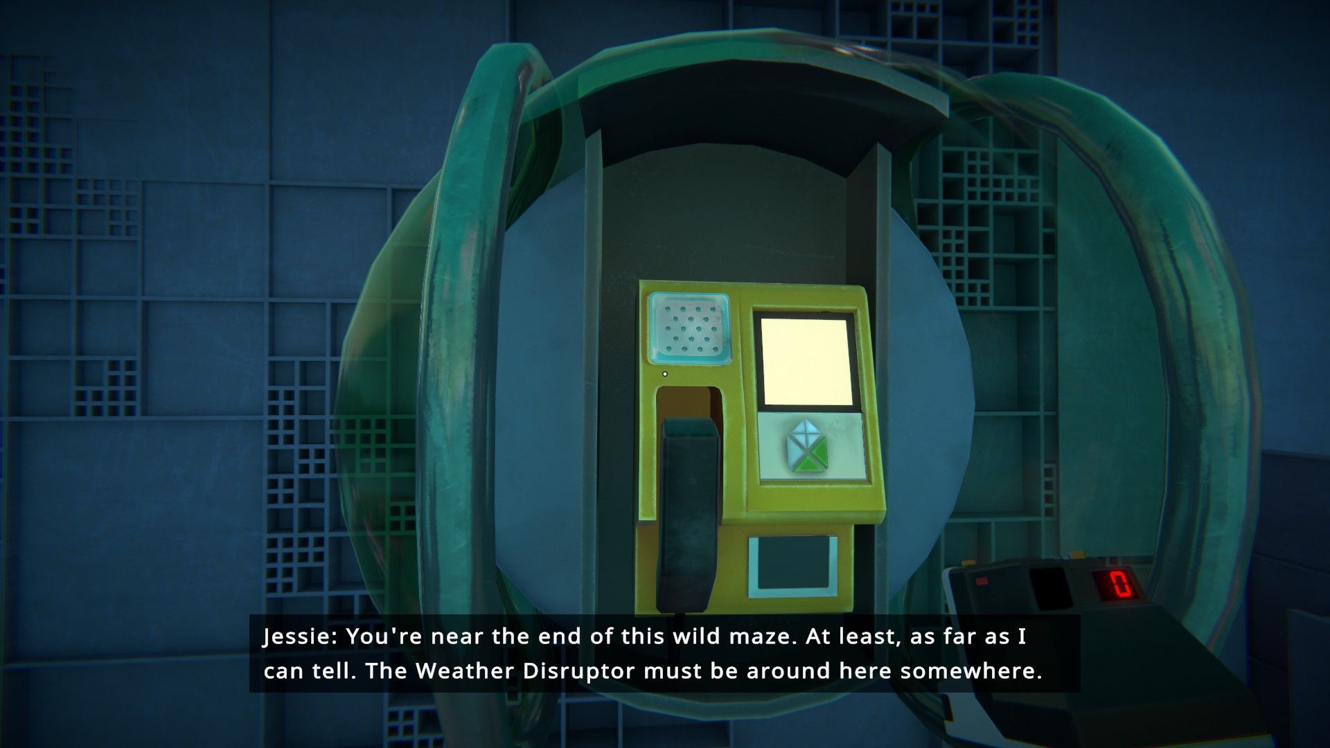 Screenshot with the player character standing in a payphone booth, listening to a message from Jessie: "You're near the end of this wild maze.  At least, as far as I can tell.  The Weather Disruptor must be around here somewhere.