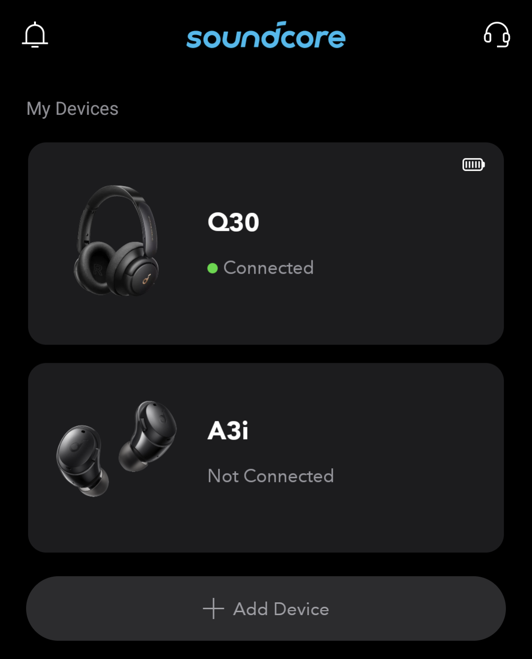 Screenshot showing the Soundcore logo in blue at the top, with a list of "my devices".  The top item shows a pair of headphones labelled Q30, with a full battery indicator and the word "connected" next to a green dot.  Underneath is another device photo of ear buds with "A3i" and "not connected".