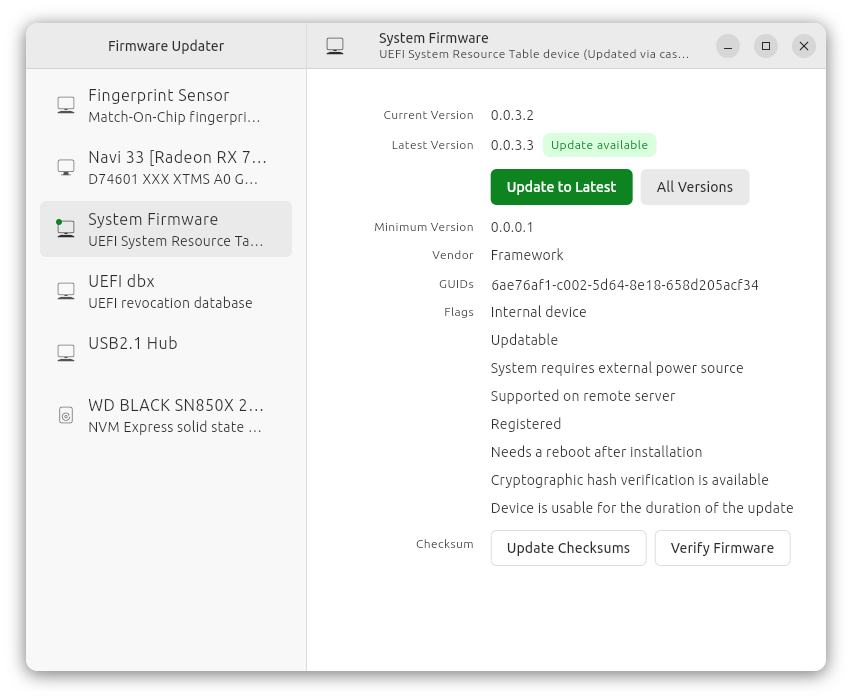 Screenshot showing a window titled "Firmware Updater".  There is a list of hardware down the left with "system firmware" selected.  On the right are details of the system firmware version, with a green button saying "update to latest".