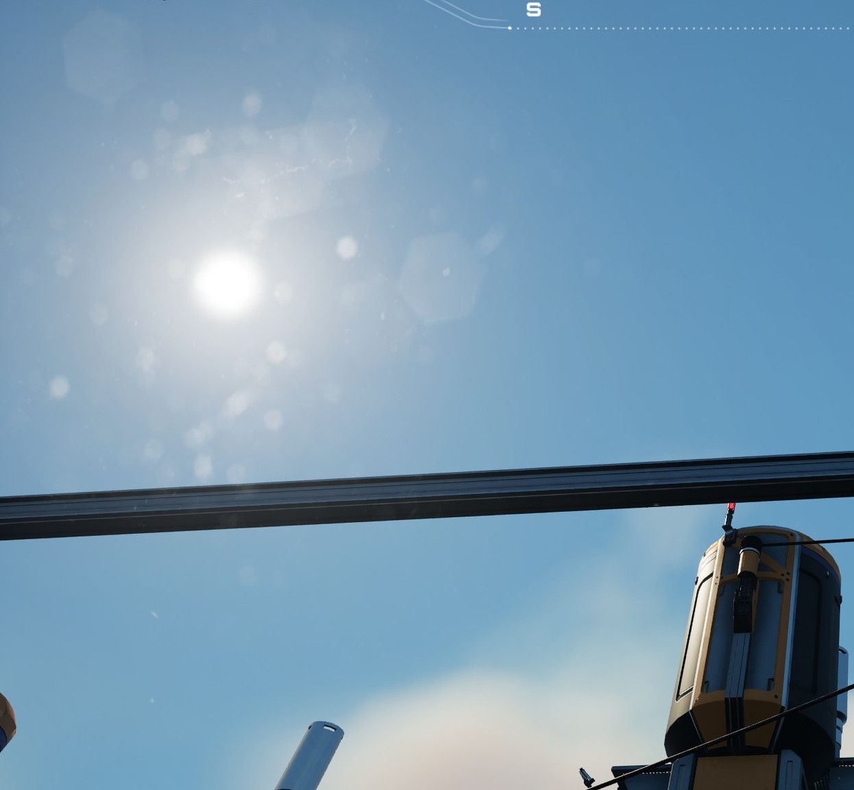 Screenshot from the game showing a sun in the sky.  The around the sun there appear to be dots of varying size caused by light refracting off dust.