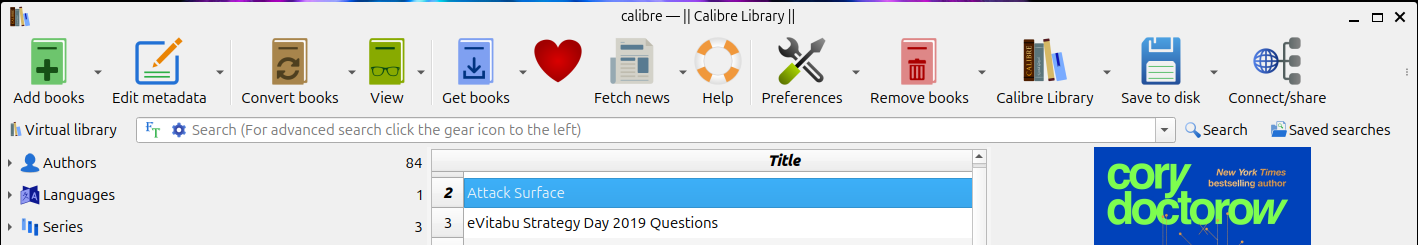 Screenshot of Calibre, with a toolbar along the top and a list of books in the middle.