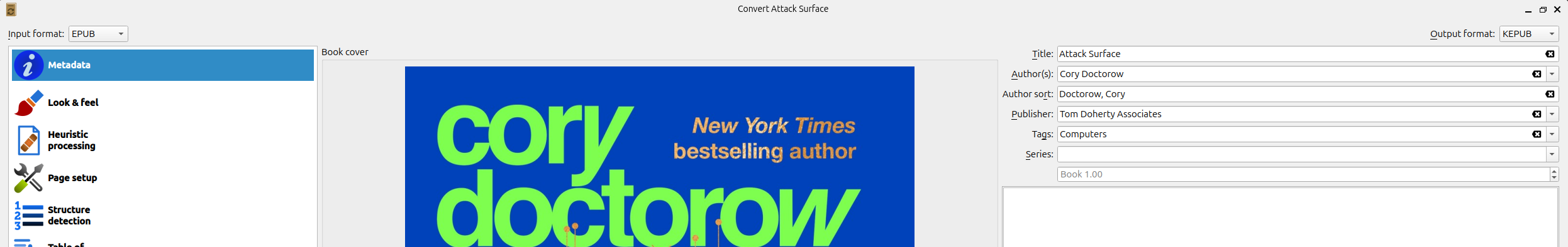 Screenshot showing the top of the convert book window.