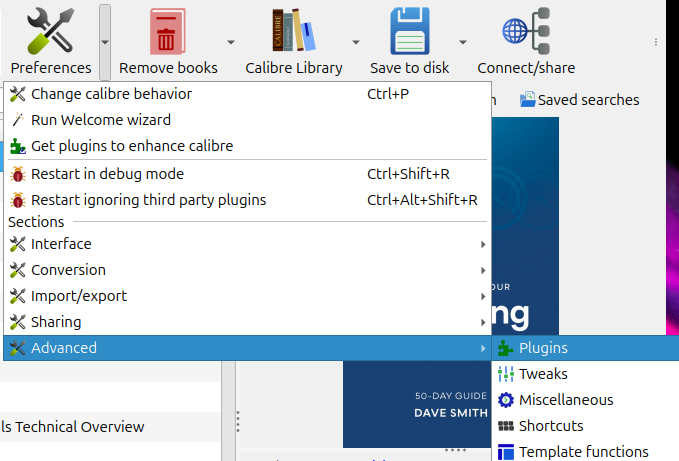 Screenshot showing a menu under the "preferences" drop down.  The "preferences" icon is a screwdriver laid on top of a spanner.