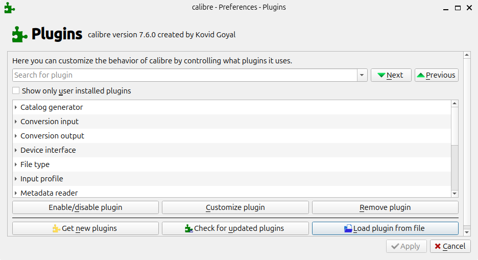 Screenshot of the plugins window.  There is a list of current plugins at the top, with a selection of buttons at the bottom.