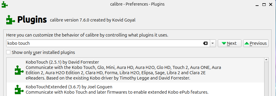 Screenshot showing the plugins window having searched for "Kobo touch".