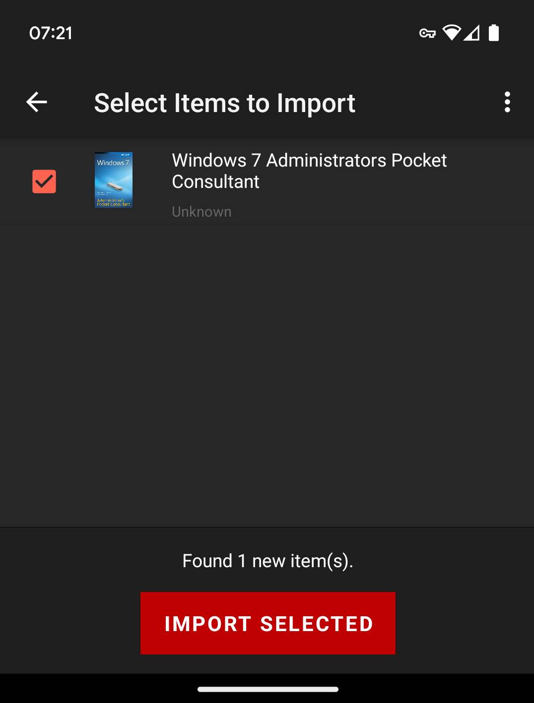 Screenshot showing the "select items to import" screen in the Kobo app.  There is a picture of a book's blue front cover, with the book title "Windows 7 Administrators Pocket Consultant" shown.  At the bottom is a large red button called "import selected".