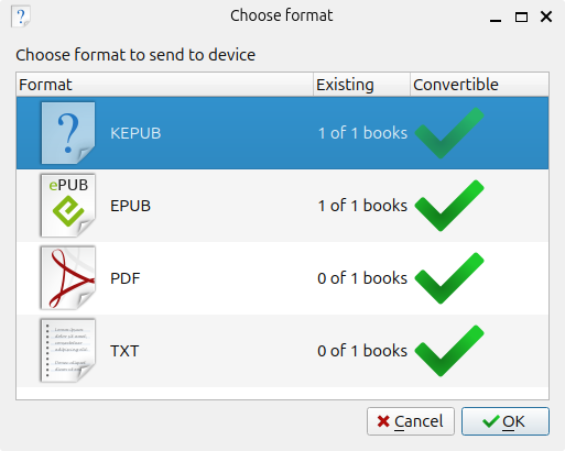 Screenshot of the "choose format" window, where you should choose "KEPUB".