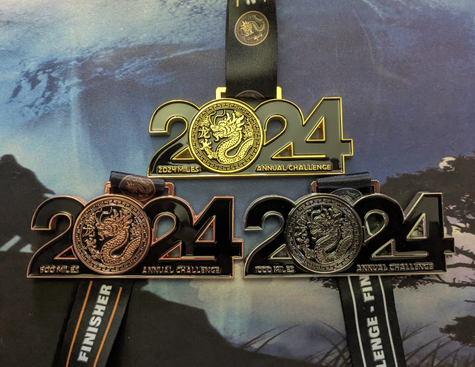 Three medals shaped like the numbers "2024".  The medals are for the 2024 annual challenge.  Bronze for 500 miles, silver for 1,000 miles, and gold for 2,024 miles.