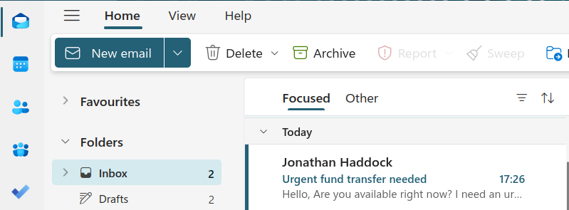 Screenshot showing Microsoft Outlook.  On the left are blue icons for email, calendar, contacts, groups, and to do.  In the middle is a selection of folders underneath the "new email" button.  On the right is an email preview from "Jonathan Haddock", stating there's an "urgent fund transfer needed".