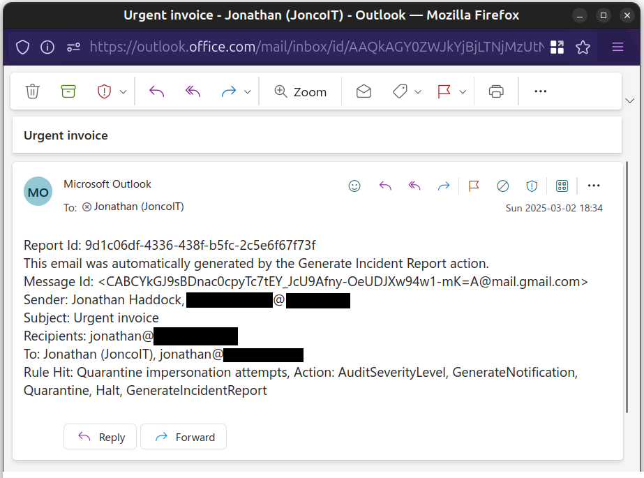 Screenshot showing the incident report sent to the named contacts.  The text advises that "This email was automatically generated by the Generate Incident Report action." and then provides details about the suspicious email itself.