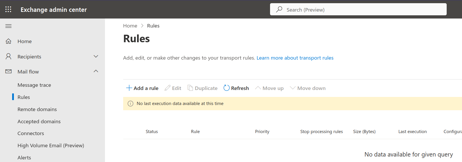 Screenshot of the Exchange admin centre.  The left menu has the "mail flow" section expanded and "rules" is selected.  The right section shows the rules page, with no current rules in existence.