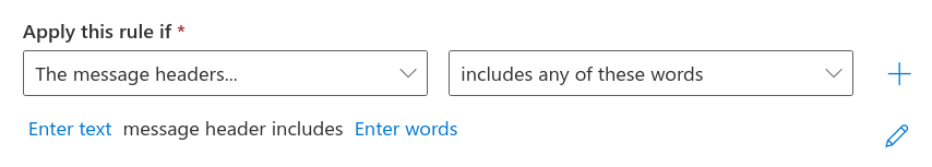 Screenshot of the "apply this rule if" drop down boxes, as described above.  Underneath we are prompted for the next steps, which is described in the instructions paragraph below.