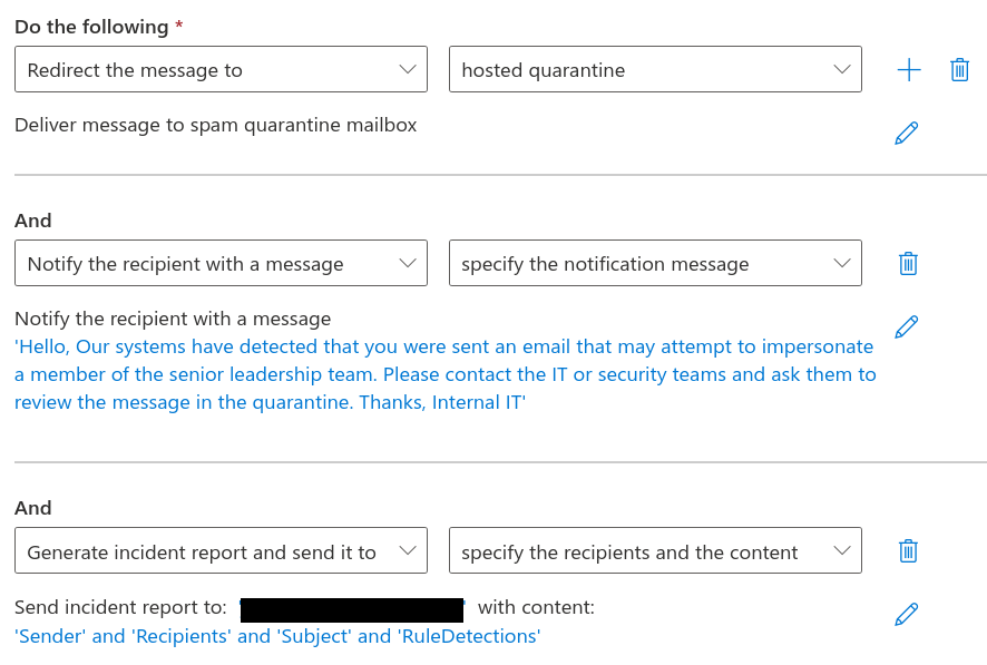 Screenshot showing the rule actions as configured per the instructions above.