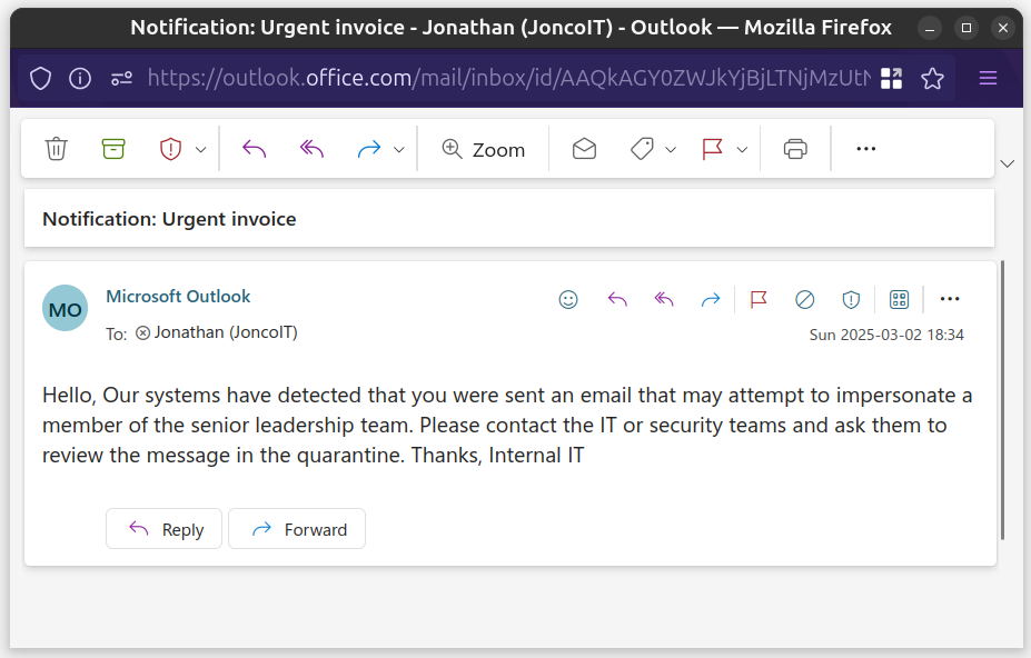 Screenshot showing an email sent to the end user letting them know they need to speak to the IT or security team.  The text of the email was earlier in the instructions.