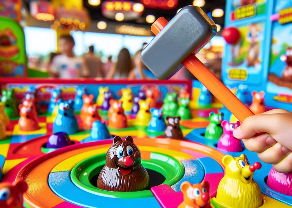 An "AI" generated image showing plastic colourful moles popping up through holes.  A hand holds a plastic hammer which is ready to strike a brown mole.  The game appears to be in an arcade.