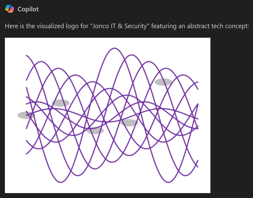 Several purple wavy lines overlapping, with pale grey ovals placed behind them. The logo is shown under the Copilot heading a logo, with the text "here is the visualised logo for 'Jonco IT & Security' featuring an abstract tech concept'".