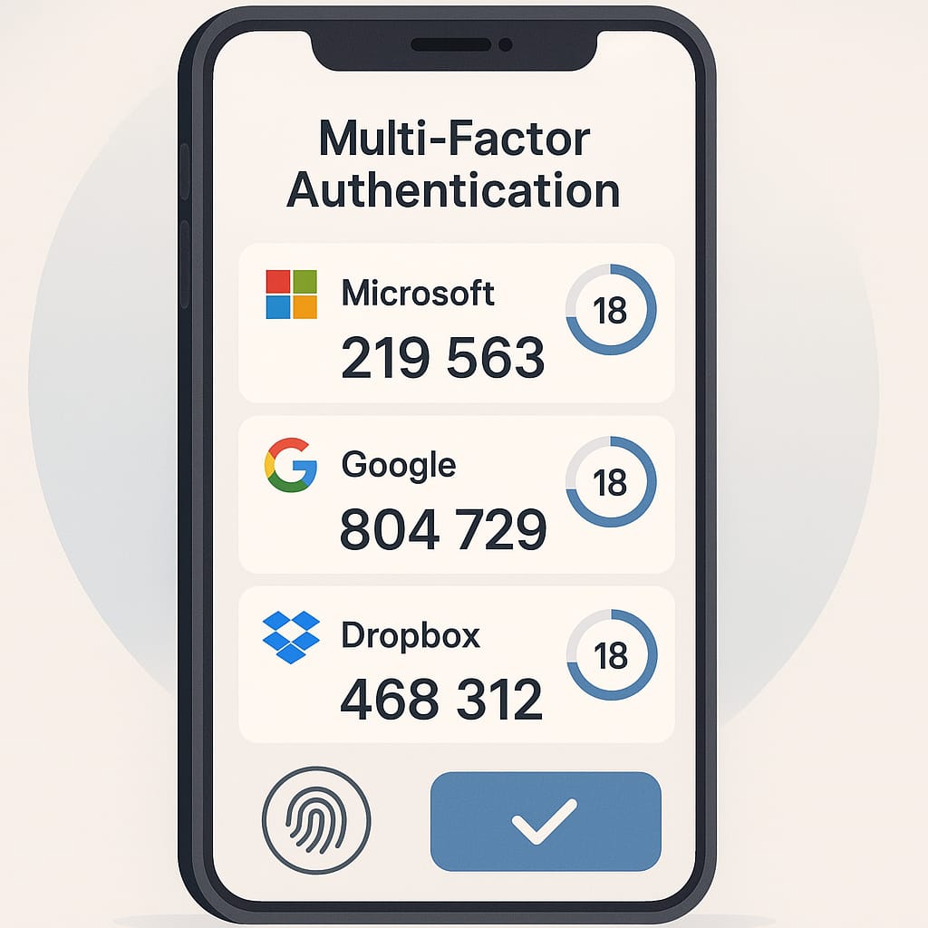 Image showing an app titled "Multi-Factor Authentication". There are logos for three companies (Microsoft, Google, Dropbox), each with their company name and numbers underneath them. To the right of each code is a countdown timer showing 18 seconds are remaining. At the bottom there are buttons requesting a fingerprint and a tick "approve" button.
