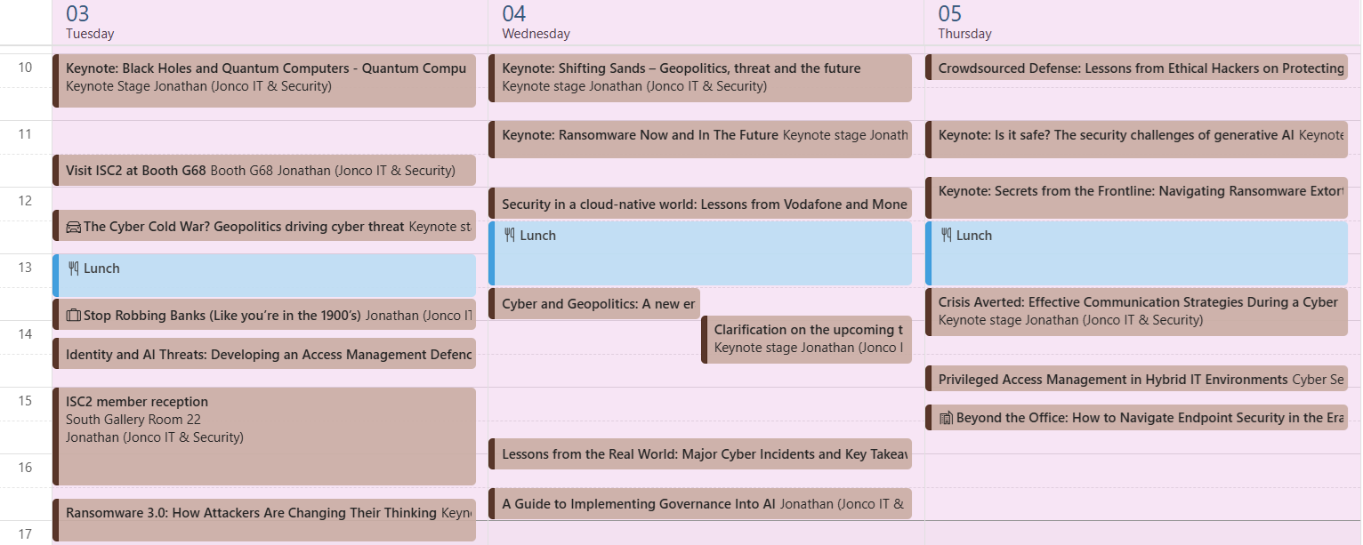 Screenshot showing calendar entries for 3rd - 5th June. There are sessions every day starting at 10 and running to around 17:00 most days.