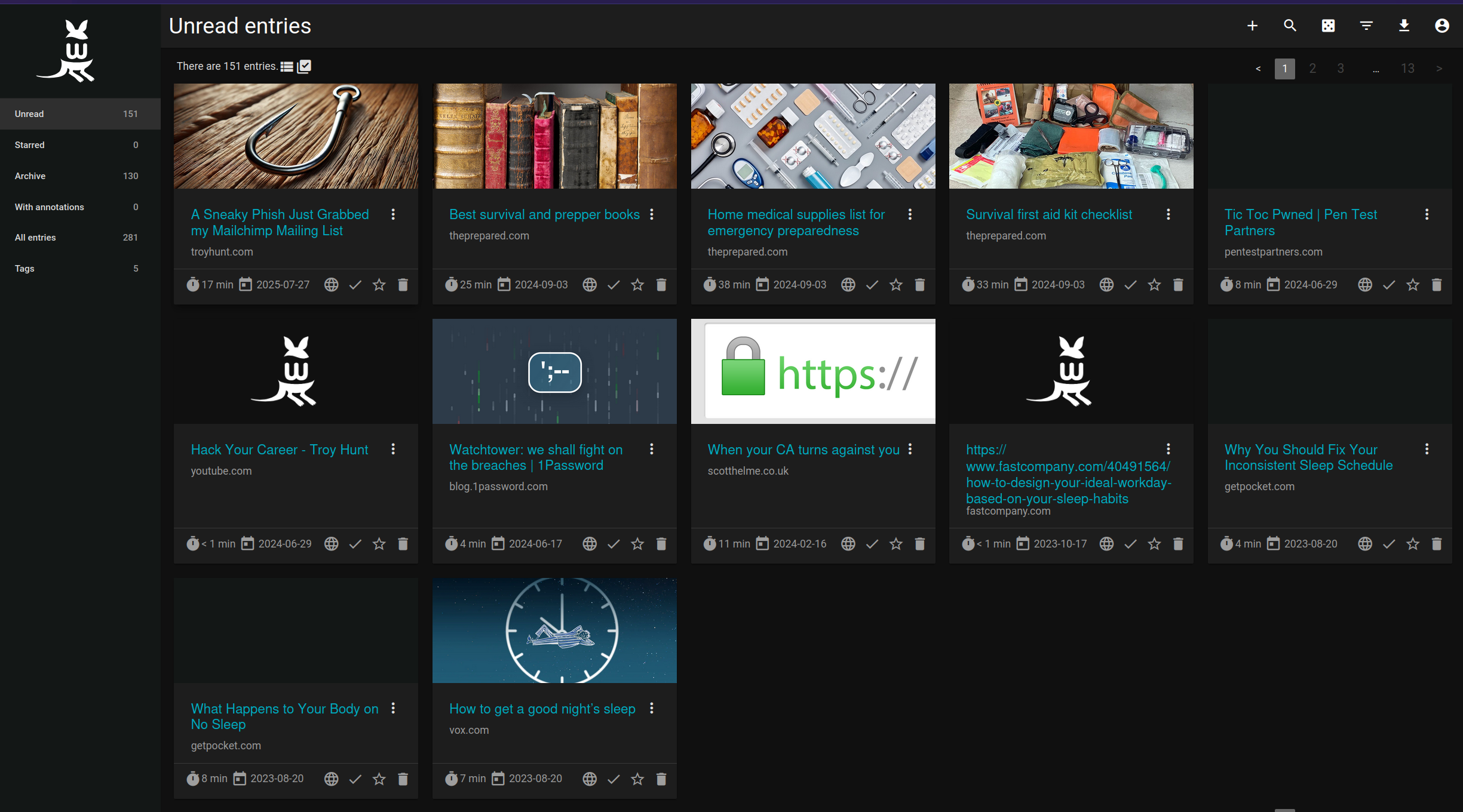 Screenshot showing Wallabag's listing of twelve saved articles.  There is a count of articles on the left, and on the right are tiles to read an article.  Each tile shows a preview image which is the image the page author chose.