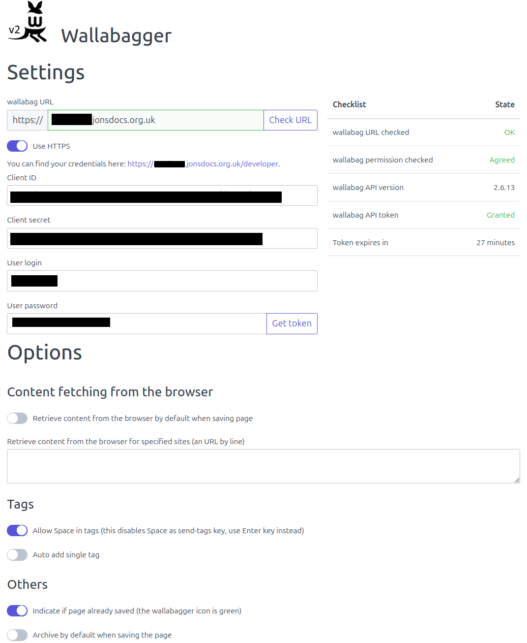 Screenshot of the configuration page for the Wallabagger extension.  There are text boxes for authentication information, as well as toggle switches at the bottom for preferences such as whether the browser extension button should turn green if the page is already saved.