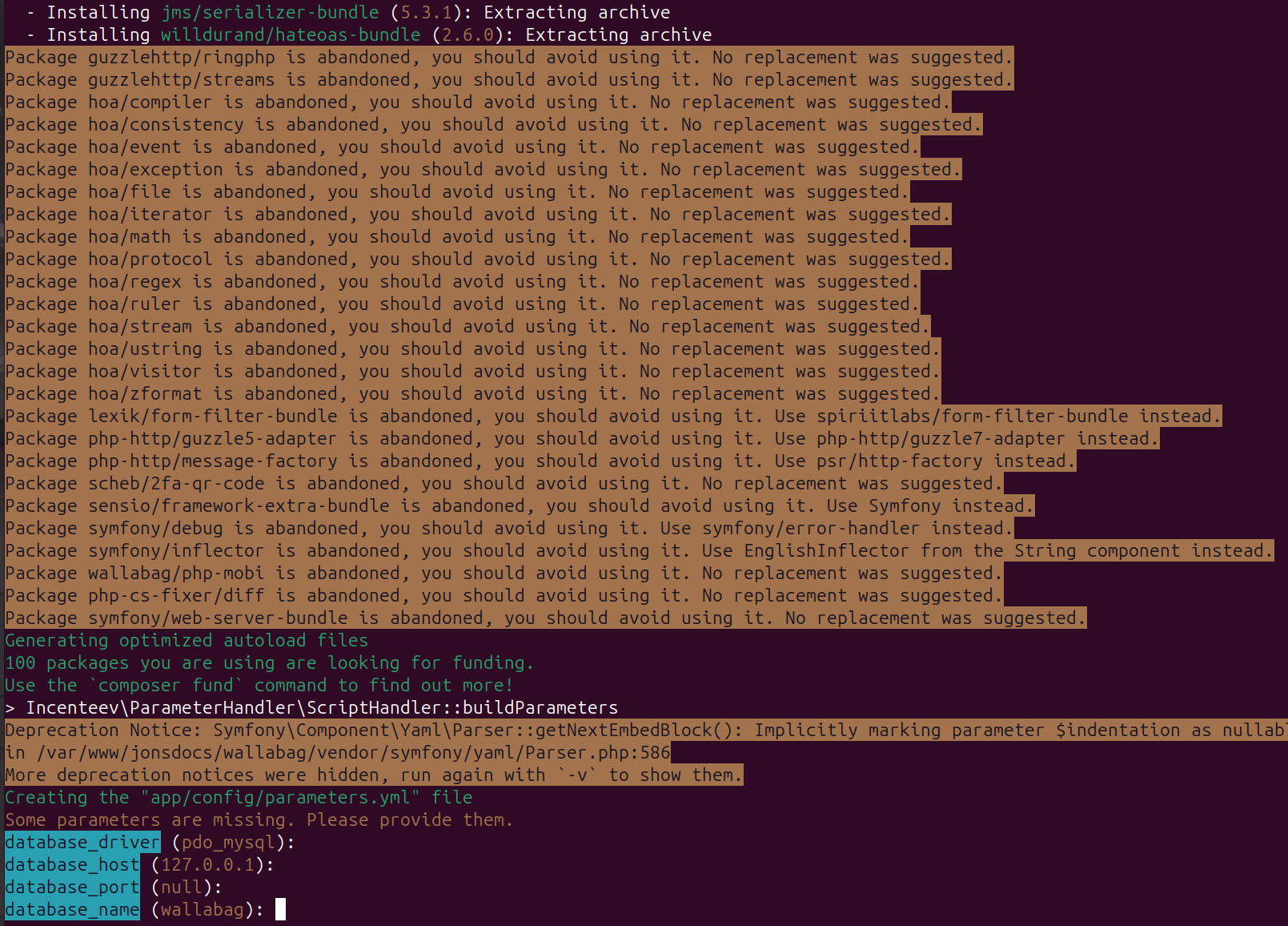 Screenshot showing installation steps.  We are told about packages that are being installed, given a list of abandoned packages, and then the configuration wizard asks questions about the database type, host, and configuration.