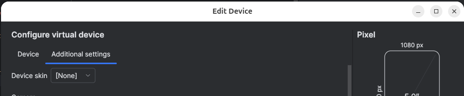 Screenshot of a window titled "edit device", on the "additional settings" tab.  The only visible option is "device skin" which is set to "[None]".  On the right hand side of the window there's the top of a drawing titled "pixel" which shows dimensions in pixels and inches.