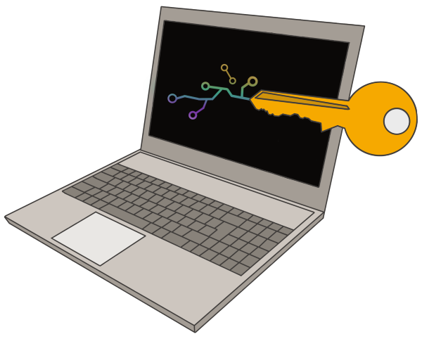 Drawing of an open laptop. There's a large, dark yellow key overlapping the screen. Out of the point of the key there are lines that are like those found on a circuit board.